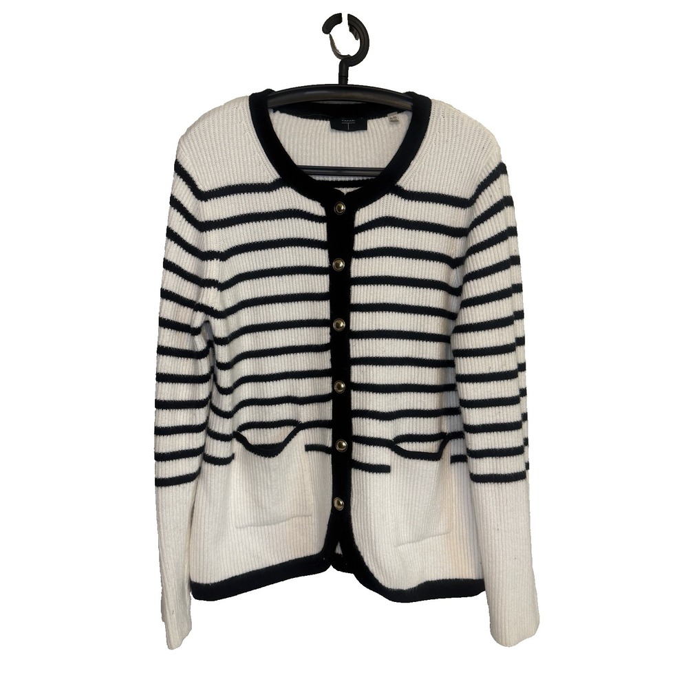 Tahari Womens Striped Button Cardigan XL Ribbed Pockets Career Layering Chic